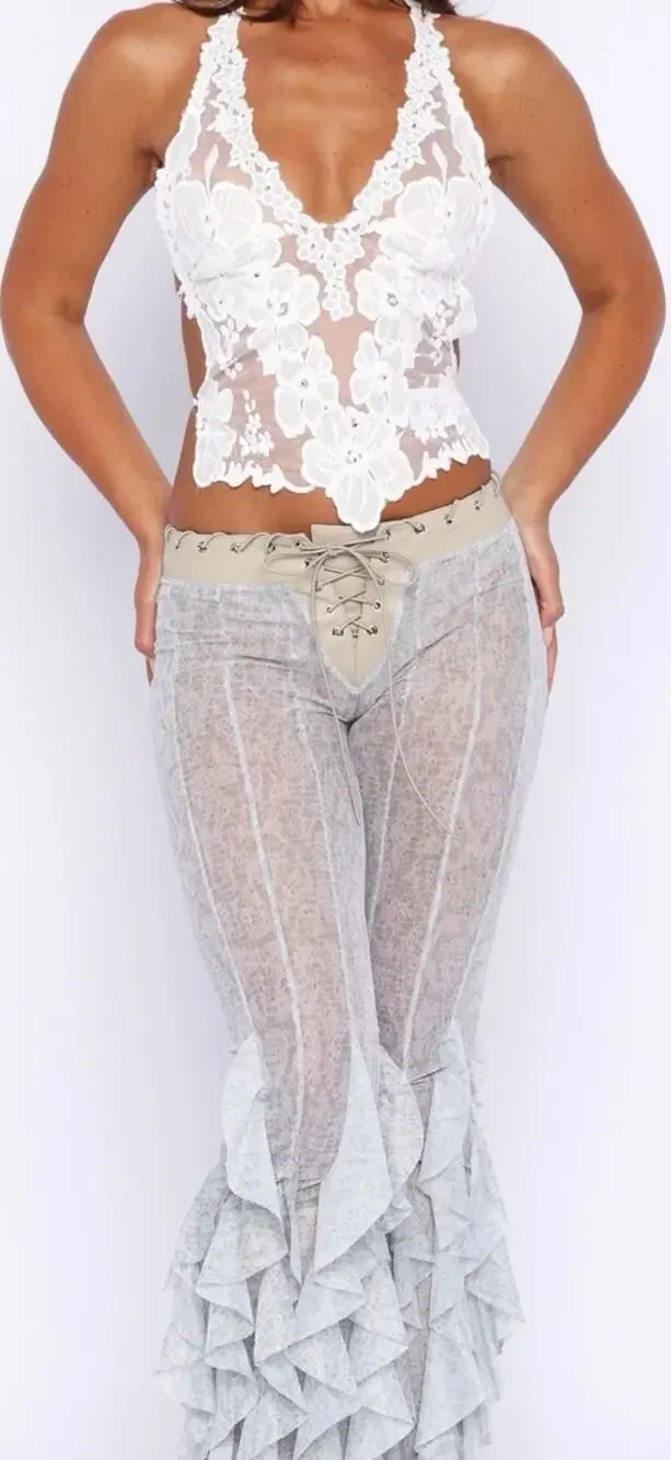 NWT White Fox In Your Glow Pants Halo Mist Size M Sheer Mesh Ruffle Lace Up Y2K